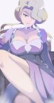  1girl blonde_hair blue_eyes braid breasts cleavage collar collarbone crossed_legs dress glacia_(pokemon) gloves highres legs long_dress long_sleeves pokemon pokemon_(game) pokemon_oras puffy_sleeves purple_dress purple_lips short_hair sleeves_past_elbows solo vivivoovoo white_gloves 