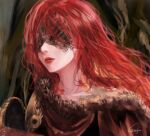  1girl absurdres armor cape closed_mouth elden_ring gurifu highres lips long_hair malenia_blade_of_miquella mechanical_arms prosthesis prosthetic_arm red_cape red_hair scar single_mechanical_arm solo very_long_hair 