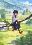  1girl bangs black_hair black_legwear black_skirt blue_sky branch closed_eyes fjsmu full_body hat highres house mountain outdoors pom_pom_(clothes) red_footwear red_headwear shameimaru_aya shirt short_hair short_sleeves skirt sky solo tokin_hat touhou tree white_shirt 