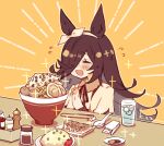  1girl :d ^_^ animal_ears bow bow_hairband bowl brown_hair chopsticks closed_eyes commentary_request cup drinking_glass dumpling food fried_rice glass hairband horse_ears horse_girl jiaozi kasuga_haruhi long_hair noodles own_hands_together pepper_shaker plate ramen rice rice_shower_(umamusume) smile solo soy_sauce sparkle table umamusume very_long_hair water white_bow white_hairband 