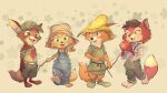  &quot;honest&quot;_john_foulfellow 2022 3_toes 4_fingers anthro apple barefoot bow_(weapon) br&#039;er_fox canid canine clothed clothing crossover disney feet fingers footwear fox fur green_eyes group hat headgear headwear hi_res male mammal nick_wilde pinocchio ranged_weapon robin_hood robin_hood_(disney) simple_background song_of_the_south toes uochandayo weapon yellow_eyes young zootopia 