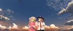  2girls arm_up black_headwear blonde_hair brown_hair closed_eyes cloud cloudy_sky eyebrows_visible_through_hair highres looking_at_another maribel_hearn multiple_girls necktie open_mouth pointing pointing_up sky smile suna_(s73d) talking touhou usami_renko white_headwear 