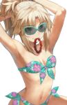  1girl aqua-framed_eyewear armpits arms_behind_head arms_up bangs bare_shoulders bikini blonde_hair braid breasts collarbone fate/apocrypha fate/grand_order fate_(series) floral_print french_braid front-tie_bikini front-tie_top green_bikini green_eyes hair_tie_in_mouth long_hair looking_at_viewer mordred_(fate) mordred_(fate/apocrypha) mouth_hold navel parted_bangs ponytail red_scrunchie scrunchie side-tie_bikini sidelocks simple_background small_breasts smile solo strapless strapless_bikini sunglasses swimsuit tonee tying_hair white_background 