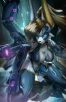  2022 5_fingers anthro blue_eyes blurred_background breasts cleavage clothed clothing dansyron digital_media_(artwork) female fingers fur future hi_res machine power_armor solo unknown_species weapon 