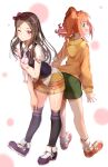  2girls absurdres bangs black_legwear black_sweater_vest blurry blurry_background blush brown_eyes brown_hair collared_shirt commentary_request dotted_background from_side green_eyes green_shorts grin hand_on_own_knee highres hood hood_down hoodie idolmaster long_hair long_sleeves looking_at_viewer looking_back minase_iori multiple_girls one_eye_closed open_mouth orange_footwear orange_hair orange_hoodie purple_footwear shiroyu shirt shoes short_sleeves shorts smile sneakers standing stuffed_animal stuffed_bunny stuffed_toy sweater_vest takatsuki_yayoi teeth white_background white_shirt 