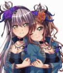  2girls absurdres amefuri_(amefuri0420) bang_dream! bangs blue_choker blue_corset blue_jacket breasts brown_hair choker cleavage corset crown flower grey_eyes grey_hair hair_flower hair_ornament hairband head_tilt highres imai_lisa jacket leaning_on_person looking_at_viewer medium_breasts minato_yukina multiple_girls one_eye_closed orange_flower orange_rose pinky_swear purple_flower purple_hairband purple_rose rose smile textless upper_body white_background yellow_eyes 