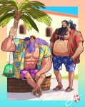  2boys ^_^ abs alternate_costume alternate_hairstyle arm_hair bare_arms beard belly big_belly black_hair border chest_hair closed_eyes collared_shirt crossed_legs curly_hair day earrings eye_mask facial_hair fat fat_man flip-flops full_body hand_rest hand_up hands_in_pockets hawaiian_shirt highres jesus_burgess jewelry large_pectorals leg_hair legs_apart long_hair long_nose male_focus male_swimwear marshall_d._teach mask missing_teeth multiple_boys muscular muscular_male navel obese one_piece open_clothes open_mouth open_shirt outdoors palm_tree pectorals pocket ponytail print_shirt purple_hair ring sandals shirt short_sleeves sitting small_head smile standing stomach sunglasses swim_trunks toenails toes tree twitter_username wing_collar wrestling_mask wrist_wings youkan_(tako) 