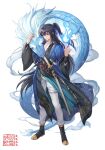  1boy ankle_boots black_hair blue_ribbon boots chinese_clothes dragon eastern_dragon full_body hair_ribbon hands_up highres long_hair long_sleeves male_focus marinette original pants ponytail purple_eyes ribbon simple_background solo standing sword very_long_hair weapon white_background white_pants 