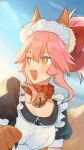  1girl alternate_costume animal_ear_fluff animal_ears animal_hands apron bell blush breasts cat_paws cleavage collar collarbone commentary_request enmaided eyebrows_visible_through_hair fang fate/grand_order fate_(series) fox_ears fox_girl fox_tail gloves hair_ribbon highres jingle_bell kumonon_(8f2k3) large_breasts long_hair looking_away looking_to_the_side maid maid_apron maid_headdress neck_bell open_mouth outdoors paw_gloves pink_hair ponytail red_ribbon ribbon skin_fang solo tail tamamo_(fate) tamamo_cat_(fate) tamamo_cat_(second_ascension)_(fate) yellow_eyes 