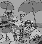  ! !! 3girls absurdres angel angel_and_devil azazel_(helltaker) beach beach_umbrella bikini black_horns black_tail board_game clawed_gauntlets colored_skin demon_girl demon_horns demon_tail front-tie_bikini front-tie_top glass grey_skin greyscale hat helltaker heroes_of_might_and_magic highres hood hoodie horns judgement_(helltaker) malina_(helltaker) monochrome multiple_girls ocean playing_games sand sarong shore short_shorts shorts swimsuit tail tonfa umbrella vanripper water weapon 