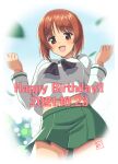  1girl :d absurdres artist_name bangs birthday black_neckerchief blouse blurry brown_eyes brown_hair closed_mouth commentary_request cowboy_shot dated eyebrows_visible_through_hair girls_und_panzer green_skirt happy_birthday highres long_sleeves looking_at_viewer midriff_peek miniskirt neckerchief nishizumi_miho ooarai_school_uniform partial_commentary pleated_skirt sailor_collar school_uniform serafuku shirt short_hair signature skirt smile solo standing t_k w_arms white_sailor_collar white_shirt 