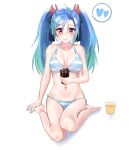  1girl aqua_hair az_sainklaus bangs barefoot bikini blue_bikini blue_hair blush breasts busasu cleavage collarbone commission cup gradient_hair heart highres holding holding_cup ice looking_at_viewer medium_breasts multicolored_hair navel red_eyes sitting smile solo spoken_heart super_robot_wars super_robot_wars_30 swimsuit twintails 