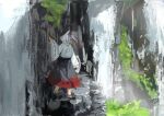  1girl animal_ears cliff clip_studio_paint_(medium) inubashiri_momiji looking_down red_eyes red_headwear scenery slippers solo suna_(s73d) touhou water waterfall white_hair wolf_ears wolf_girl 