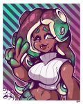  2022 5_fingers animal_humanoid beauty_mark breasts cephalopod cephalopod_humanoid dark_body dark_skin duo fingers gesture hi_res humanoid inkling legendofnerd marina_(splatoon) marine marine_humanoid mollusk mollusk_humanoid navel nintendo octarian octoling one_eye_closed pearl_(splatoon) pseudo_hair signature smile solo_focus splatoon suction_cup tentacle_hair tentacles v_sign video_games wink 