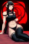  abs absurdres black_hair choker clothes_lift dress flower hair_ornament highres lingerie muscular muscular_female panties red_eyes rose shirt_lift speedl00ver spy_x_family thighhighs toned underwear yor_briar 