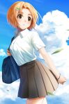  1girl bag blue_sky cloud highres idolmaster idolmaster_cinderella_girls looking_afar looking_to_the_side matatabi_dango older orange_hair outdoors pleated_skirt ryuzaki_kaoru school_bag school_uniform shirt short_hair skirt sky solo white_shirt 