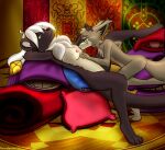  anthro breastfeeding canid canine detailed_background duo female fox hi_res lutrine lying male male/female mammal mustelid on_back petting_head pillow rags raindancer relaxing 