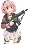  ak_5 assault_rifle cowboy_shot fn_fnc gun headset highres holding holding_gun holding_weapon mikeran_(mikelan) open_mouth orange_eyes original pink_hair reload9_yohji rifle skirt sweater_vest trigger_discipline weapon white_background 