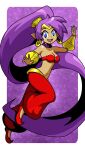  2019 5_fingers blue_eyes breasts clothing ear_piercing ear_ring female fingers footwear genie hair hi_res humanoid humanoid_pointy_ears legendofnerd long_hair not_furry open_mouth open_smile piercing ponytail purple_hair shantae shantae_(series) shoes smile solo video_games wayforward 