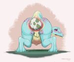  abstract_background absurd_res anal_oviposition anthro anus balls belly belly_blush bent_over big_belly blue_body blue_eyes blue_scales blush body_blush butt butt_focus dinosaur dromaeosaurid egg genitals glistening glistening_body grass hi_res looking_back male navel outie_navel oviposition perineum plant pregnant pregnant_male rear_view reptile sadosaurus scales scalie solo theropod velociraptor 