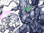  1girl az_sainklaus beam_saber breasts cleavage cockpit glowing glowing_eyes green_eyes highres holding holding_sword holding_weapon huckebein_30th kenpi_(hs-totyu) mecha medium_breasts open_hand open_mouth science_fiction sketch skindentation skirt super_robot_wars super_robot_wars_30 sword thighhighs twintails v-fin v-shaped_eyebrows weapon 