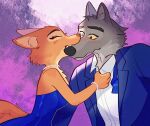  anthro bite black_nose blue_clothing blue_dress blue_necktie blue_suit blush bracelet brown_body brown_fur canid canine canis clothed clothing diane_foxington dreamworks dress duo fangs female fox fur hi_res jewelry looking_at_another loose_tie male male/female mammal mr._wolf_(the_bad_guys) necklace necktie nom orange_body orange_fur pink_background simple_background size_difference teeth the_bad_guys topwear wolf yellow_eyes 