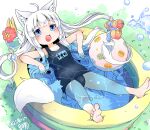  1girl ahoge animal_ears ball bangs beachball blue_eyes blush eyebrows_visible_through_hair fox_ears fox_girl fox_tail indie_virtual_youtuber kotonoha_yukino long_hair looking_at_viewer nomeoil open_mouth pool school_swimsuit smile swimsuit tail virtual_youtuber wading_pool water_gun white_hair 