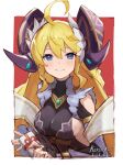  1girl ahoge artist_name bangs blonde_hair blue_eyes breasts dated dragalia_lost fake_horns gift hair_ornament holding holding_gift horns long_hair looking_at_viewer punished_pigeon sideboob smile solo zena_(dragalia_lost) 