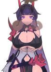  1boy 1girl absurdres ahoge armor bare_shoulders breasts cleavage closed_mouth highres honkai_(series) honkai_impact_3rd horns hypnosis jack_(darkshero) japanese_armor large_breasts long_hair looking_at_viewer mind_control navel purple_eyes purple_hair raiden_mei raiden_mei_(herrscher_of_thunder) simple_background single_shoulder_pad white_background 