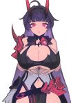  1girl :o absurdres ahoge armor bare_shoulders breasts cleavage highres honkai_(series) honkai_impact_3rd horns jack_(darkshero) japanese_armor large_breasts long_hair looking_at_viewer mind_control navel open_mouth purple_hair raiden_mei raiden_mei_(herrscher_of_thunder) red_eyes simple_background single_shoulder_pad solo white_background 