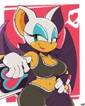  &lt;3 5_fingers anthro bat_wings breasts chiropteran cleavage clothed clothing eyeshadow female fingers gloves green_eyes half-closed_eyes handwear hi_res legendofnerd lipstick makeup mammal membrane_(anatomy) membranous_wings narrowed_eyes navel rouge_the_bat sega short_stack signature smile solo sonic_the_hedgehog_(series) speech_bubble tan_body tan_skin wings 