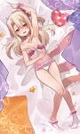  1girl absurdres amber_eyes blonde_hair blush draw_happy_set eyebrows_visible_through_hair fate/kaleid_liner_prisma_illya fate_(series) highres illyasviel_von_einzbern knees_together_feet_apart long_hair lying see-through socks solo underwear 