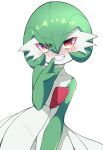  2022 3_fingers absurd_res blush collarbone eyebrows fingers gardevoir green_arms green_hair green_hands hair hi_res humanoid looking_at_viewer nintendo oppaihobby pok&eacute;mon pok&eacute;mon_(species) red_body simple_background solo teeth video_games white_background white_body 