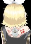  1girl android back back_tattoo bare_back bare_shoulders bow cyberpunk electric_plug hair_bow highres izki kagamine_rin mechanical_parts number_tattoo sailor_collar science_fiction short_hair shoulder_blades solo tattoo vocaloid 