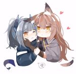  2girls absurdres animal_ears arknights black_gloves black_scarf black_shirt blue_jacket brown_hair cheek-to-cheek collared_shirt dragon_girl dragon_horns dragon_tail eyebrows_visible_through_hair fox_ears fox_girl fox_tail franka_(arknights) gloves grey_hair haobuguniao heads_together heart highres horns hug jacket liskarm_(arknights) motion_lines multiple_girls one_eye_closed orange_eyes ponytail scarf shirt simple_background speech_bubble spoken_squiggle squiggle sweatdrop tail upper_body white_background yuri 