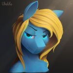  absurd_res ambiguous_gender bat_pony blonde_hair blue_body blue_fur bust_portrait chest_tuft equid eyebrows fangs fur glowing glowing_eyes grin hair half-closed_eyes hasbro hi_res mammal my_little_pony narrowed_eyes portrait smile tuft uliovka 