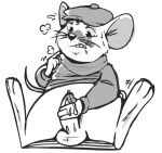  2022 anthro balls bernard_(the_rescuers) blush clothing disney dogeoisie don_bluth erection genitals hat headgear headwear male mammal masturbation mouse murid murine penis rodent sitting solo the_rescuers_(disney) 