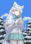  1girl :3 animal_ears arctic_fox_(kemono_friends) blue_bow blue_bowtie blue_skirt blush bow bowtie capelet coat commentary_request cowboy_shot eyebrows_visible_through_hair food fox_ears fox_girl fox_tail from_below frozen fur_trim gloves highres inaniku_illust japari_bun japari_symbol kemono_friends long_hair long_sleeves looking_at_viewer pantyhose pleated_skirt sidelocks skirt solo tail white_capelet white_coat white_fur white_gloves white_legwear winter_clothes winter_coat yellow_eyes 