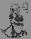 1girl abottleofstars alternate_costume apron blindfold blush bow choker closed_mouth collarbone cup elbow_gloves enmaided floating flying_sweatdrops frilled_apron frills gloves grey_background greyscale hair_over_one_eye highres holding holding_tray maid maid_day maid_headdress monochrome nier_(series) nier_automata pod_(nier_automata) puffy_sleeves short_hair simple_background skindentation sweat sweatdrop teacup teapot thighhighs tray 