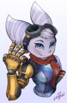  2021 5_fingers anthro blue_eyes breasts clothing eyewear eyewear_on_head female fingers gloves goggles goggles_on_head hair handwear lombax mammal prosthetic prosthetic_arm prosthetic_limb ratchet_and_clank rivet_(ratchet_and_clank) scarf signature simple_background solo sony_corporation sony_interactive_entertainment usagin video_games white_hair 