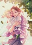  1boy 1girl blonde_hair blurry brown_hair carrying child child_carry colored_tips dappled_sunlight day depth_of_field falling_leaves floral_print forked_eyebrows hakama happy highres hug japanese_clothes kimetsu_no_yaiba kimono leaf long_hair looking_at_another looking_away mother_and_son multicolored_hair nature nyapon one_eye_closed open_mouth outdoors ponytail purple_kimono red_hair rengoku_kyoujurou rengoku_ruka socks streaked_hair sunlight white_legwear wind younger zouri 