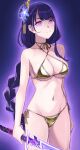  1girl alternate_costume bangs bikini braid breasts cleavage closed_mouth criss-cross_halter eyebrows_visible_through_hair genshin_impact gold_bikini hair_ornament halterneck highres holding holding_sword holding_weapon kumadano long_hair looking_at_viewer medium_breasts mole mole_under_eye pink_eyes purple_background purple_hair raiden_shogun side-tie_bikini simple_background single_braid solo swimsuit sword very_long_hair weapon 