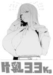  1girl bangs breast_rest breasts cleavage greyscale highres huge_breasts long_hair long_sleeves looking_at_viewer monochrome one_breast_out open_mouth rugarer smile solo sweat upper_body weighing_scale 