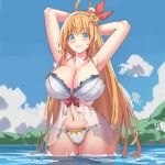  1girl ahoge arms_behind_head arms_up bangs bikini blush braid breasts cameltoe cleavage cloud day eyebrows_visible_through_hair hair_ornament huge_breasts long_hair looking_at_viewer navel orange_hair outdoors partially_submerged pecorine_(princess_connect!) princess_connect! side_braid simplecar solo swimsuit very_long_hair water white_bikini 