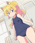  1girl animal_ear_fluff animal_ears bangs bare_arms bare_shoulders black_swimsuit blonde_hair breasts ceiling closed_mouth commentary_request dutch_angle eyebrows_visible_through_hair hair_between_eyes highres indoors locker locker_room long_hair old_school_swimsuit one-piece_swimsuit original ponytail purple_eyes roku_no_hito school_swimsuit small_breasts solo standing swimsuit tail tile_ceiling tiles 
