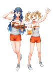  2girls ;) ;d absurdres aunt_and_niece bare_legs blonde_hair blue_eyes blue_hair breasts employee_uniform fire_emblem fire_emblem_awakening highres holding holding_tray hooters lissa_(fire_emblem) long_hair lucina_(fire_emblem) medium_hair multiple_girls one_eye_closed orange_shorts short_shorts shorts small_breasts smile standing tank_top tray twintails uniform v_over_eye waving white_footwear white_tank_top yuda_nf 