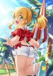  android ass back bangs beach_umbrella belt blonde_hair blue_sky blush bow building cloud commentary_request day eyebrows_visible_through_hair frilled_shirt frills green_eyes hair_ribbon holding holding_umbrella inou_shin joints leg_up legs long_hair looking_back mega_man_(series) open_mouth outdoors palm_tree pocket ponytail red_bow red_shirt ribbon robot_joints roll_(mega_man) sandals shirt shorts sidelocks sky smile sunlight thighs tree umbrella white_shorts 