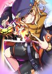  1girl bangs baseball_cap bike_shorts black_coat black_headwear black_legwear blonde_hair coat drawstring fur_trim grin hat kirisame_marisa light_particles long_sleeves looking_at_viewer onomiya ponytail short_hair smile solo star_(symbol) star_print touhou touhou_lost_word yellow_eyes 