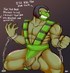  angry anthro balls barazoku big_balls bottomwear bottomwear_aside bound chain chained clothing clothing_aside dialogue foreskin genitals hi_res imminent_sex loincloth loincloth_aside male male_focus mortal_kombat muscular muscular_male muscular_thighs netherrealm_studios oni_draws penis reptile reptile_(mortal_kombat) scalie solo solo_focus video_games 