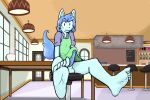 anthro apron cafe canid canine chair cherrufox clothed clothing clothing_lift erection feet foot_focus fox furniture genitals looking_at_viewer male mammal penis rota_(patsen) solo 